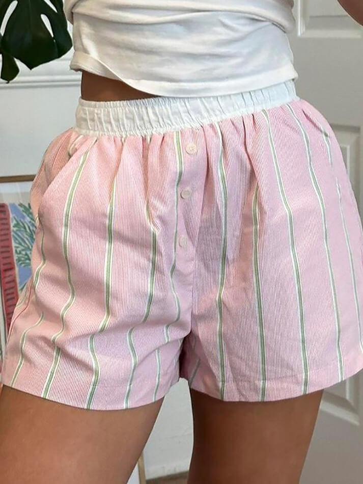 Contrast Button Patchwork Striped Shorts - AnotherChill