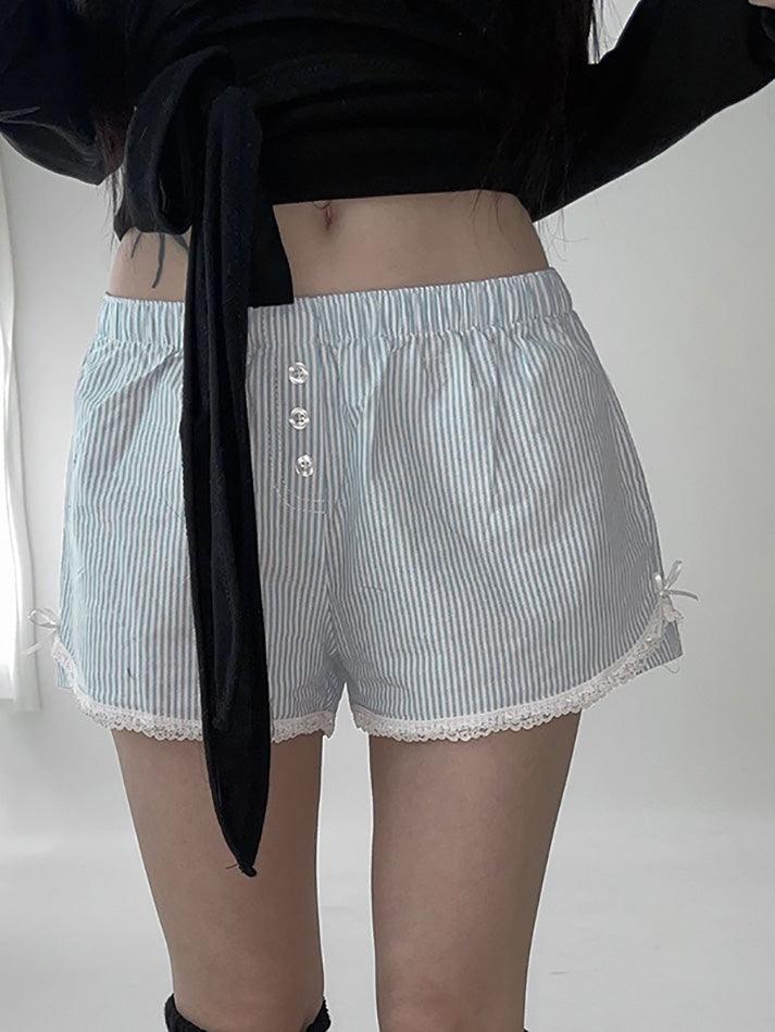 Bow Lace Patchwork Striped Shorts - AnotherChill