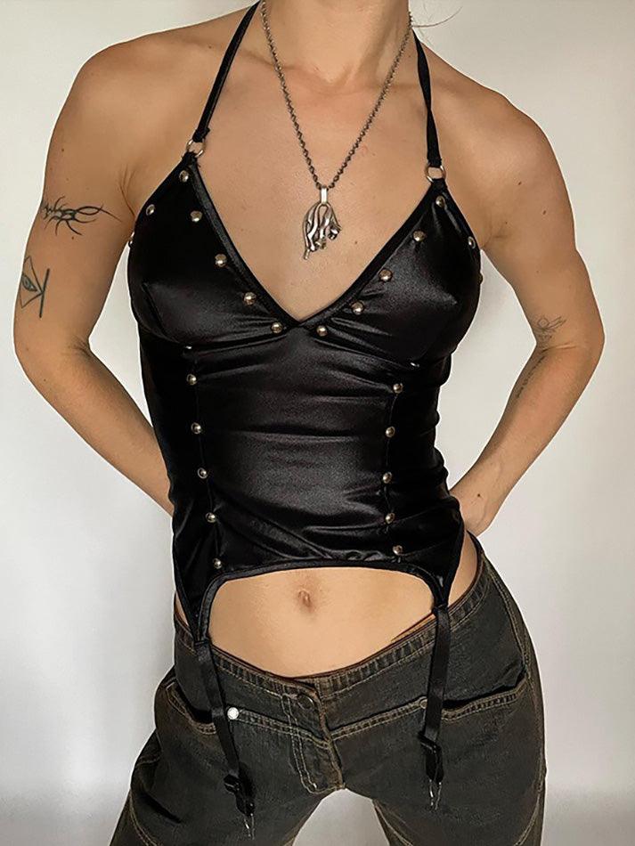 Studded PU Leather Halter Tank Top