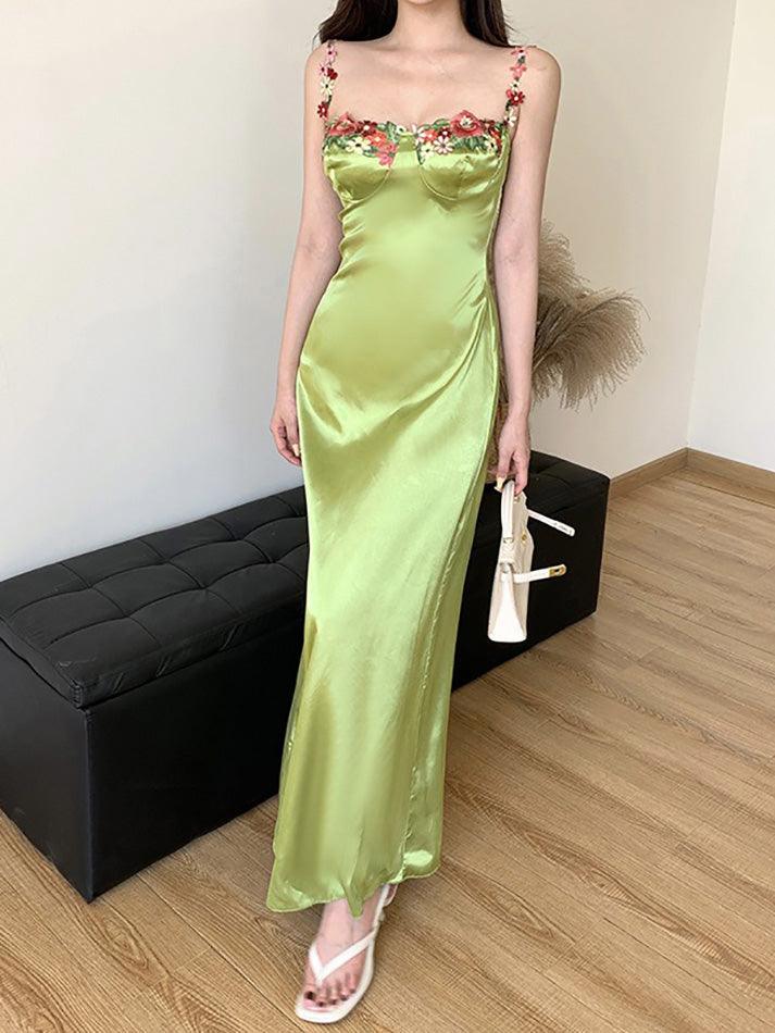 Sexy Spaghetti Strap Floral Satin Maxi Dress - AnotherChill