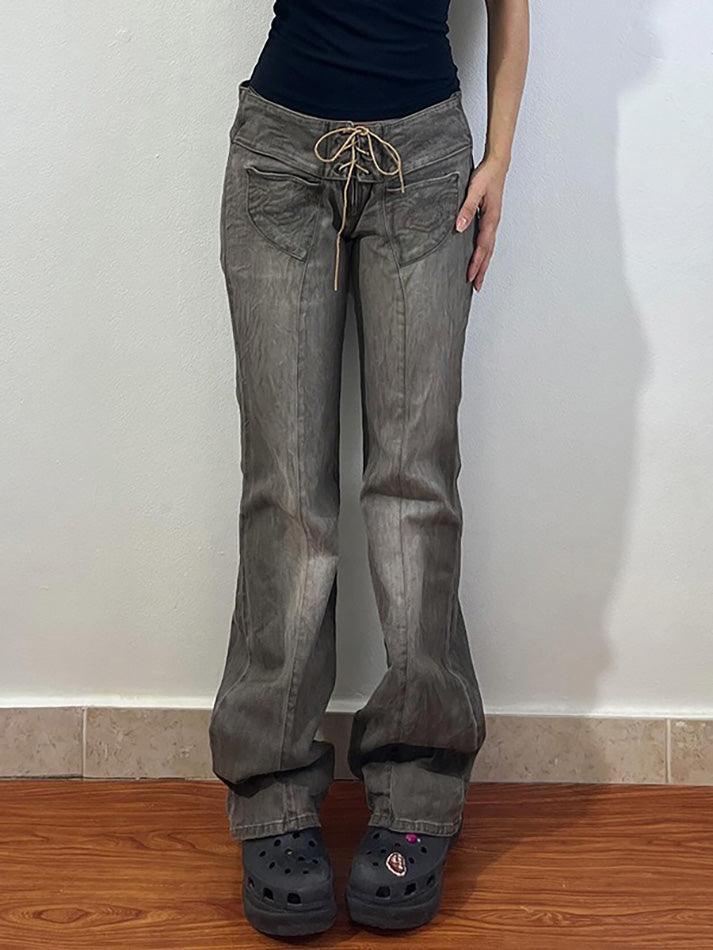 Vintage Distressed Low-Rise Cross-Tie Jeans