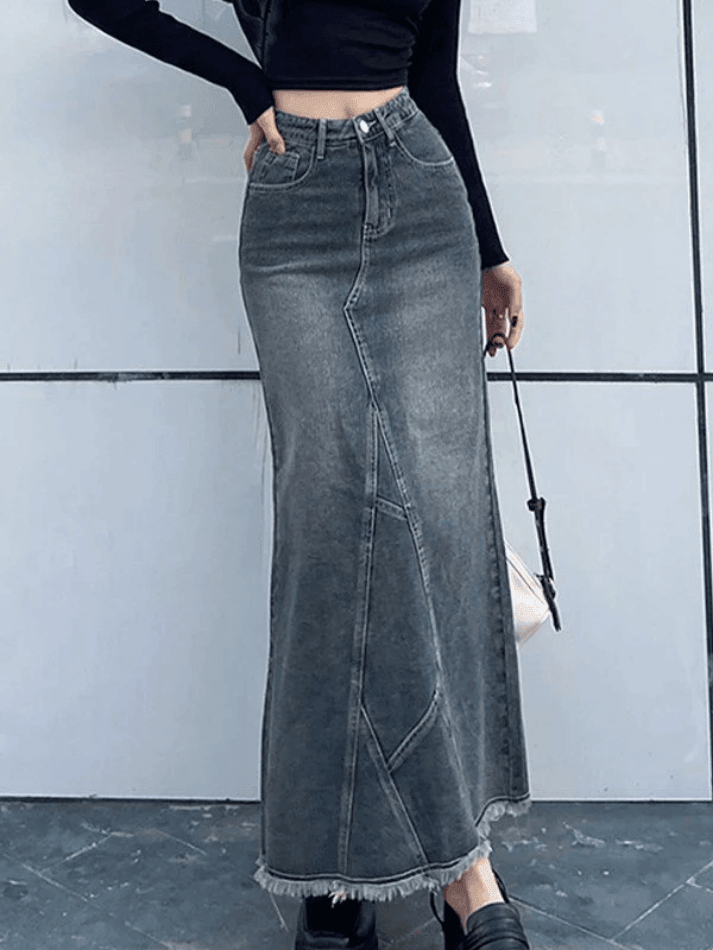 Back Slit Patchwork Long Denim Skirt - AnotherChill