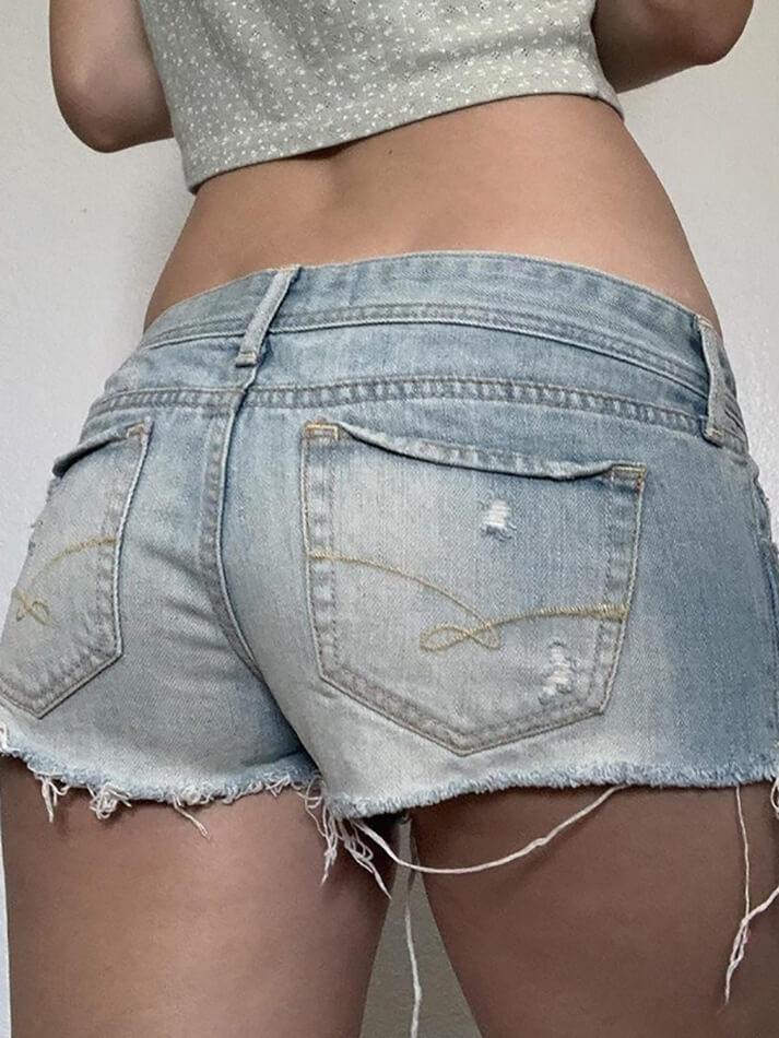 Low-Rise Frayed Denim Shorts - AnotherChill