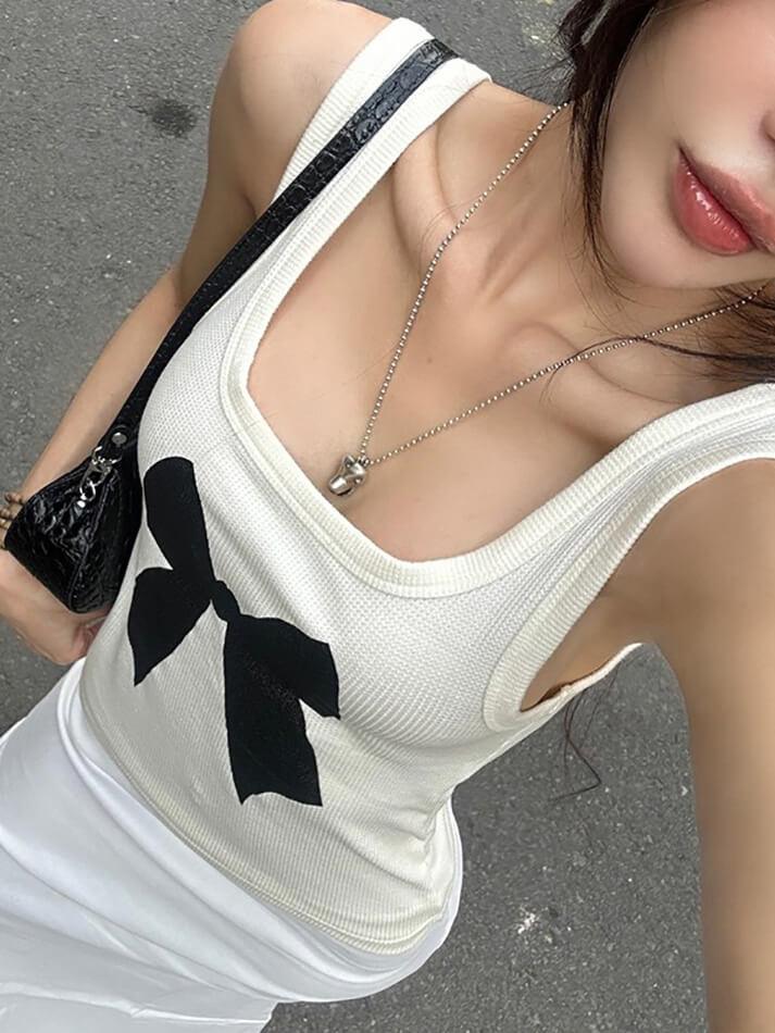 Bow Print Ribbed Tank Top - AnotherChill