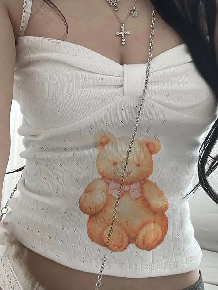 Bear Print Bow Knit Tank Top - AnotherChill