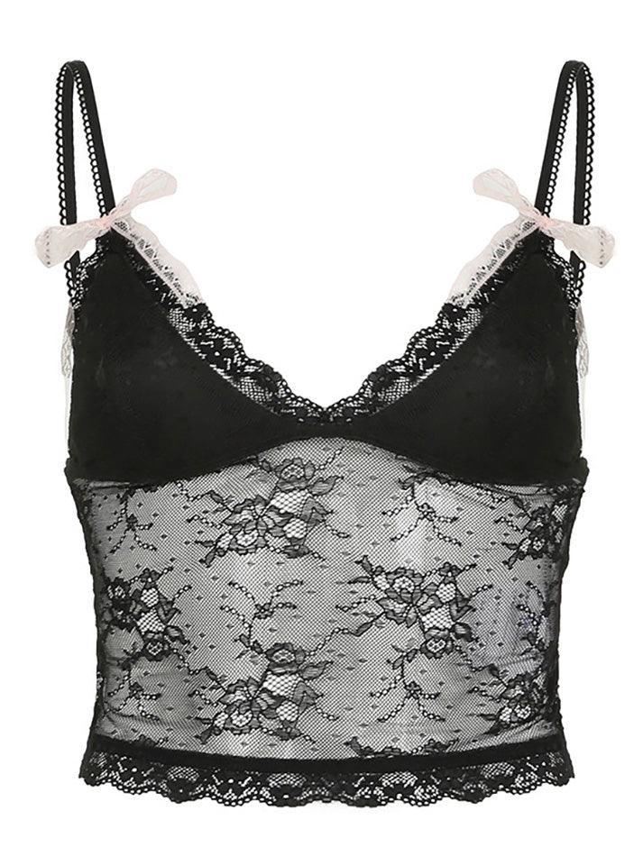 Black Lace Spliced Mesh Cami Top - AnotherChill