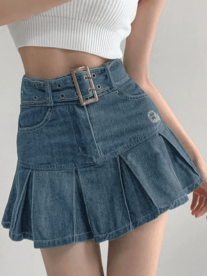 Buckle Belt Pleated Denim Mini Skirt - AnotherChill