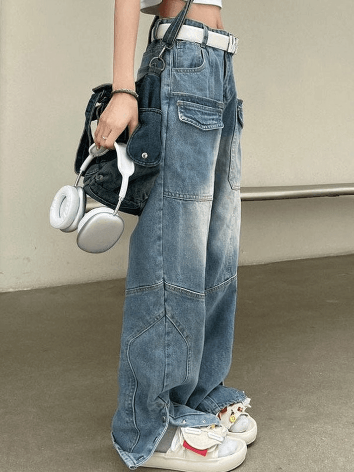 Button Split Blue Cargo Jeans - AnotherChill