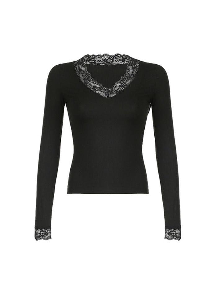 V Lace Stitching Long Sleeve Tee