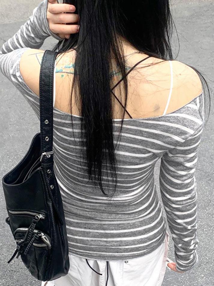 Striped One Shoulder Long Sleeve Tee