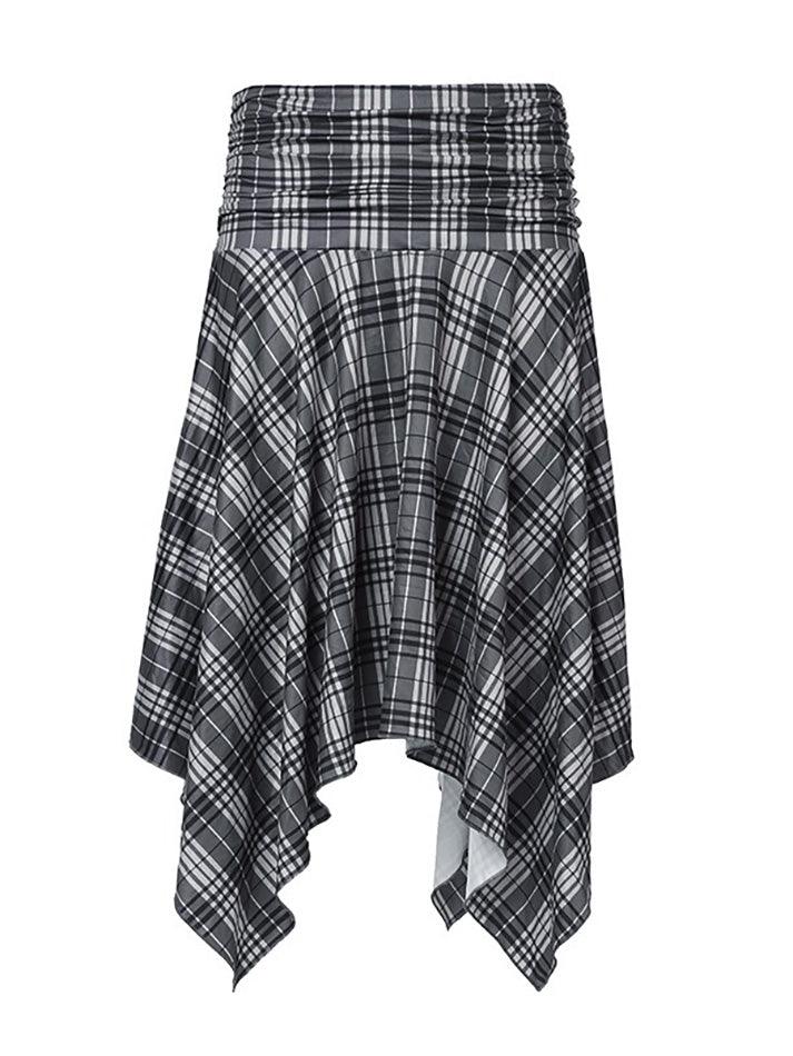 Low Rise Plaid Asymmetric-Hem Midi A-Line Skirt