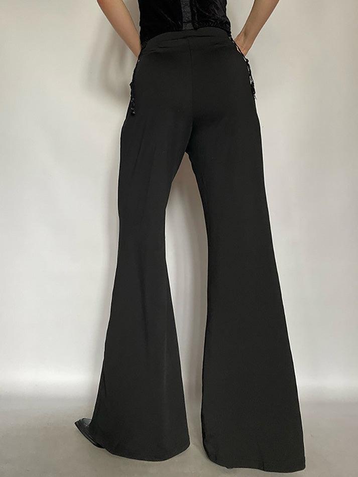 Solid Color Lace Trim Flared Pants