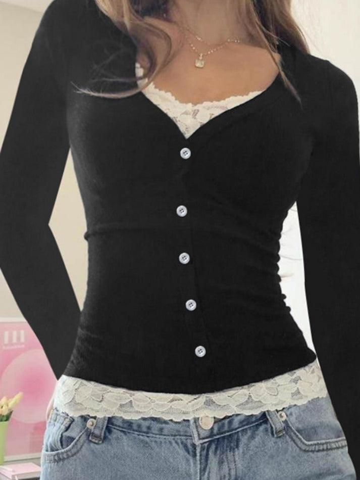 Fake Two Piece Lace Long Sleeve Tee