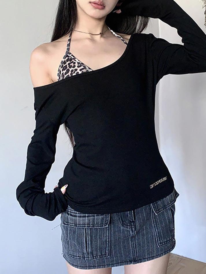 Leopard Print One Shoulder Long Sleeve Tee