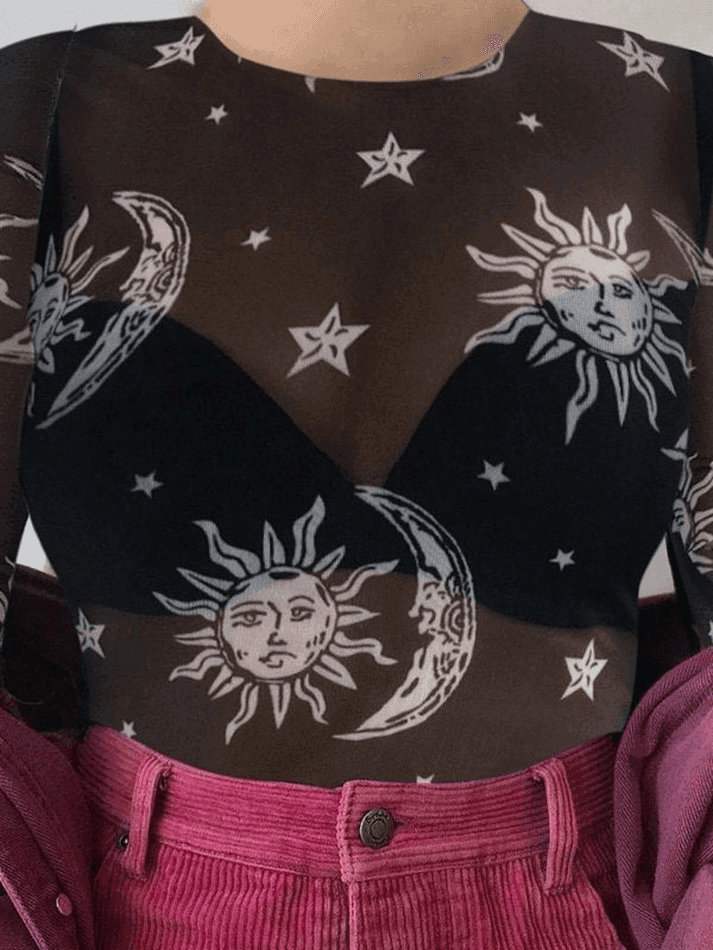 Celestial Print Sheer Mesh Crop Top - AnotherChill