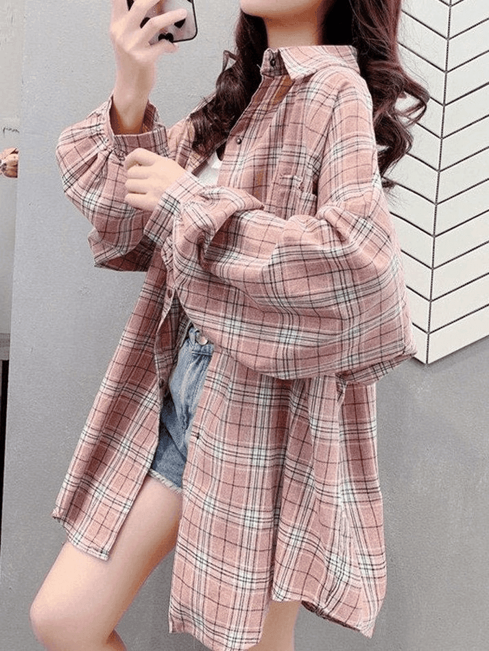 Checkered Baggy Long Sleeve Button Blouse - AnotherChill