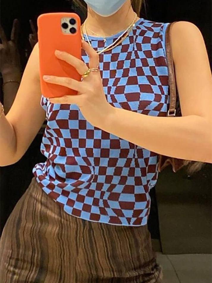 Checkered Print Crop Tank Top - AnotherChill