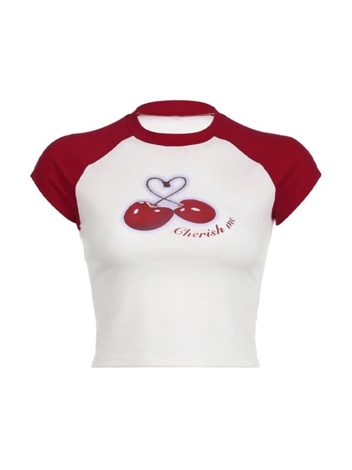 Cherry Print Raglan Short Sleeve Tee - AnotherChill