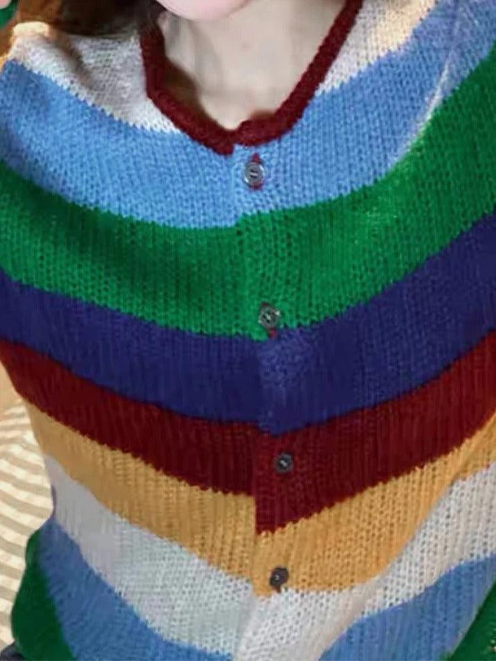 Contrast Color Rainbow Stripe Cardigan - AnotherChill