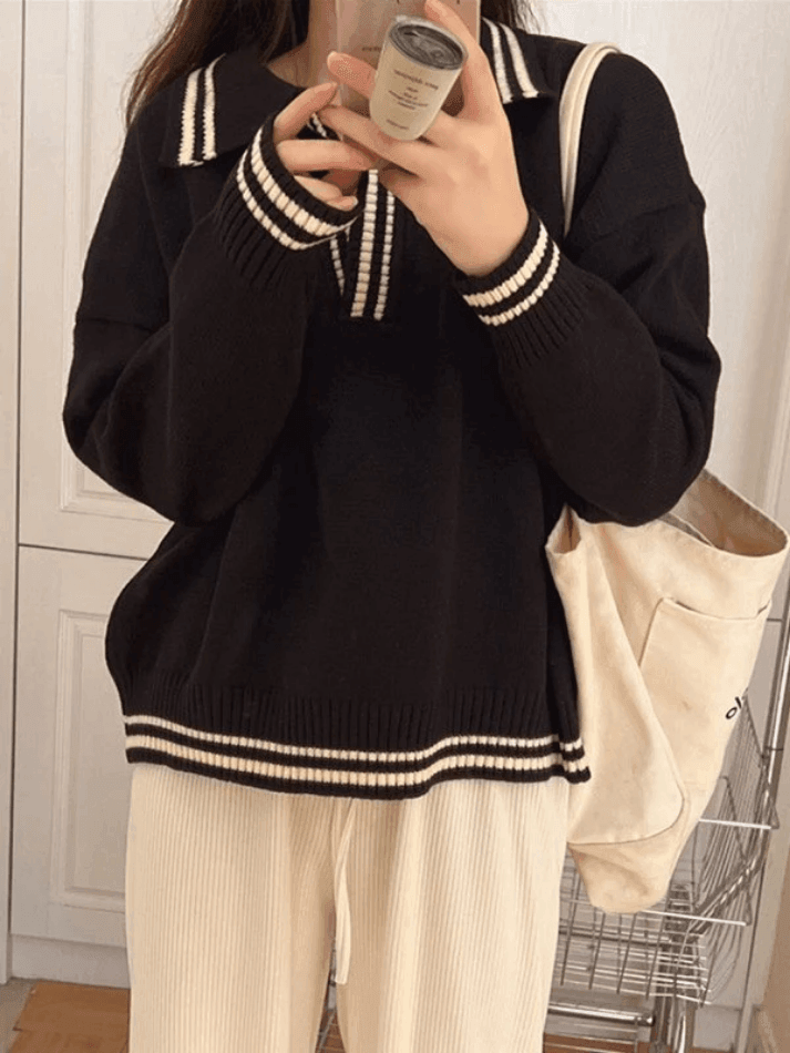 Contrast Trim Pullover Sweater - AnotherChill