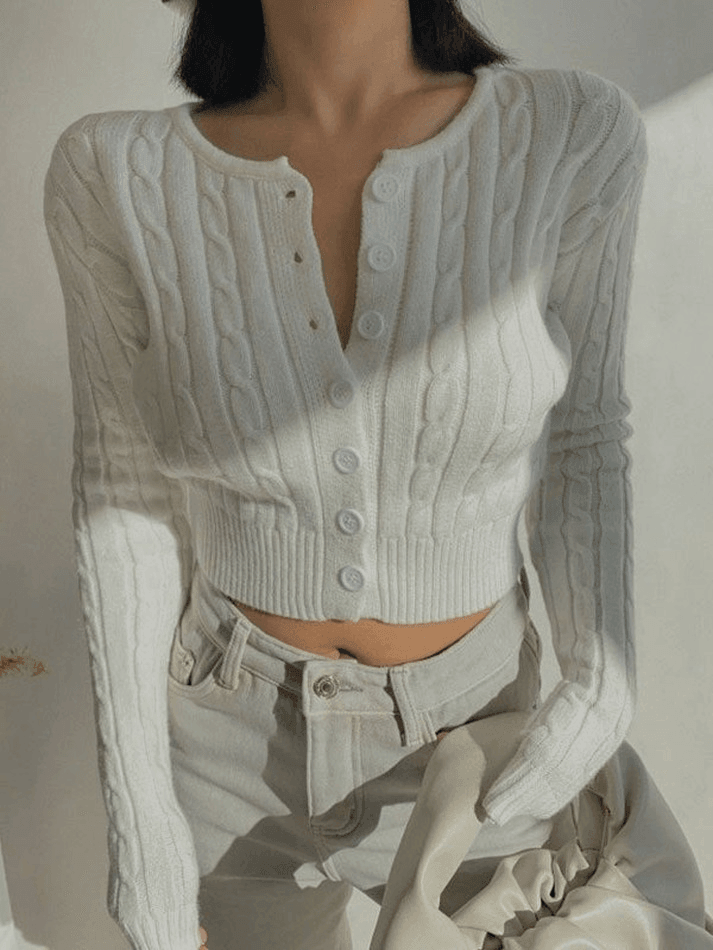 Cropped Button Cable Knit Cardigan - AnotherChill