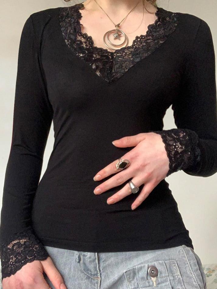 V Lace Stitching Long Sleeve Tee