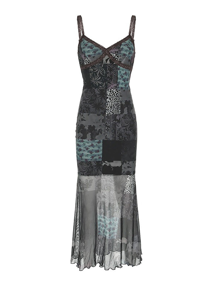 Vintage Asymmetrical Print Mesh Cami Maxi Dress