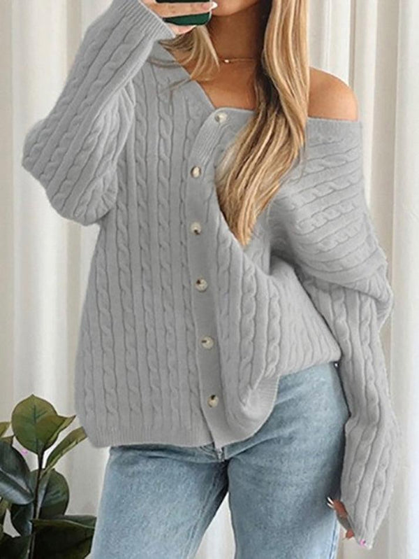 Button V-Neck Oversized Knit Cardigan