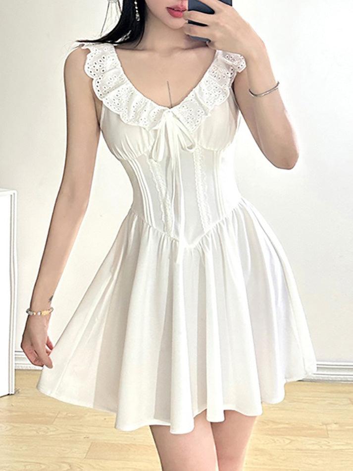 Solid Lace Trim Corset Short Dress - AnotherChill