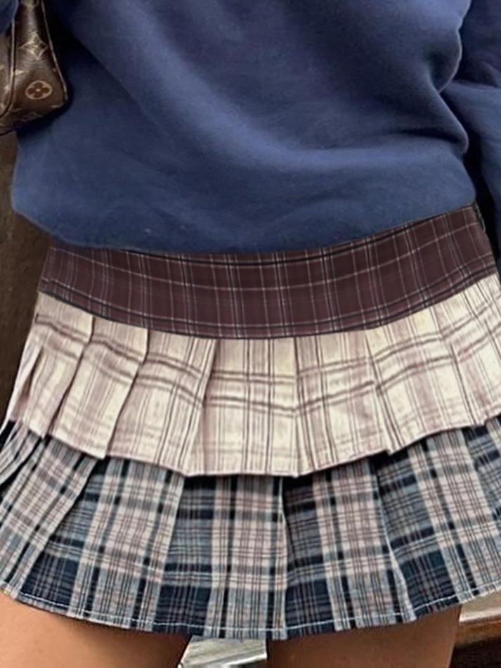 Vintage Contrast Plaid Double-Layer Pleated Skirt