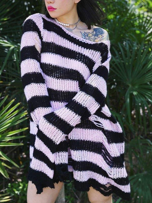 Distressed Stripe Longline Sweater AnotherChill