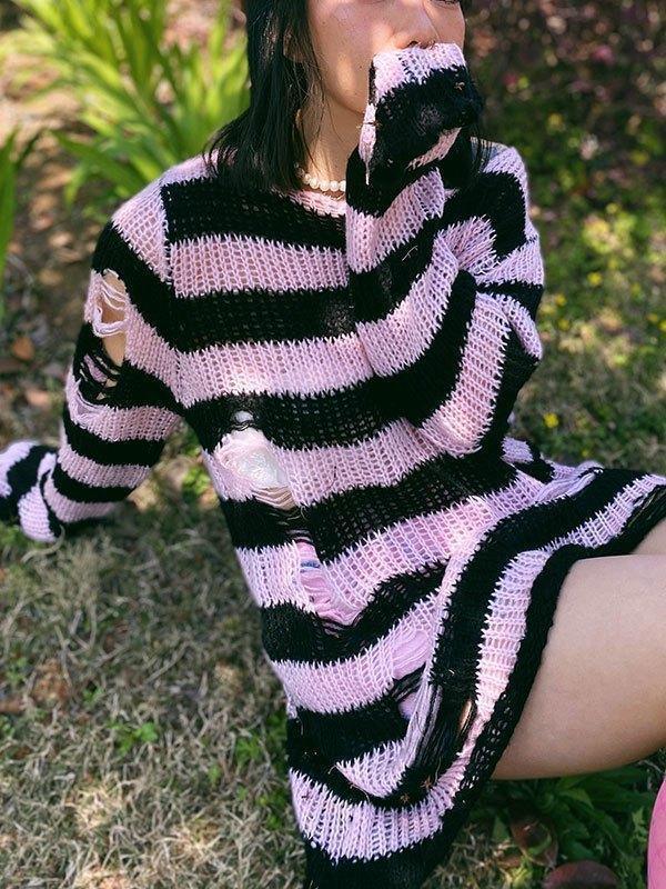 Distressed Stripe Longline Sweater AnotherChill