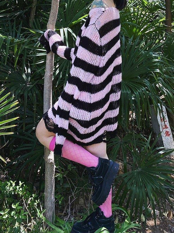 Distressed Stripe Longline Sweater AnotherChill