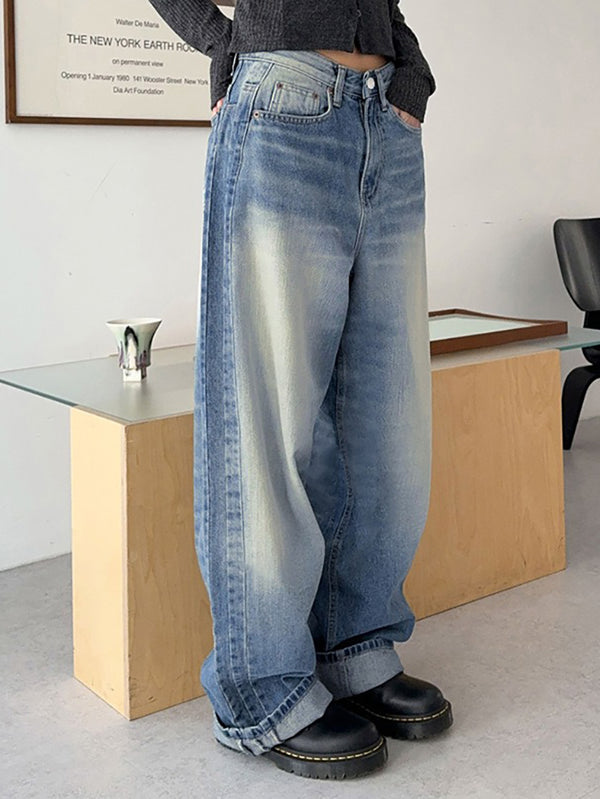 Washed Contrast Loose Wide Legs Boyfriend Jeans