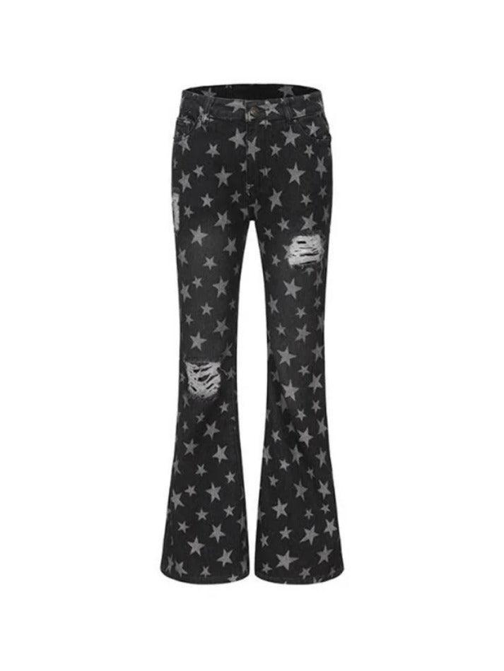 Vintage Star Print Ripped Flare Jeans - AnotherChill