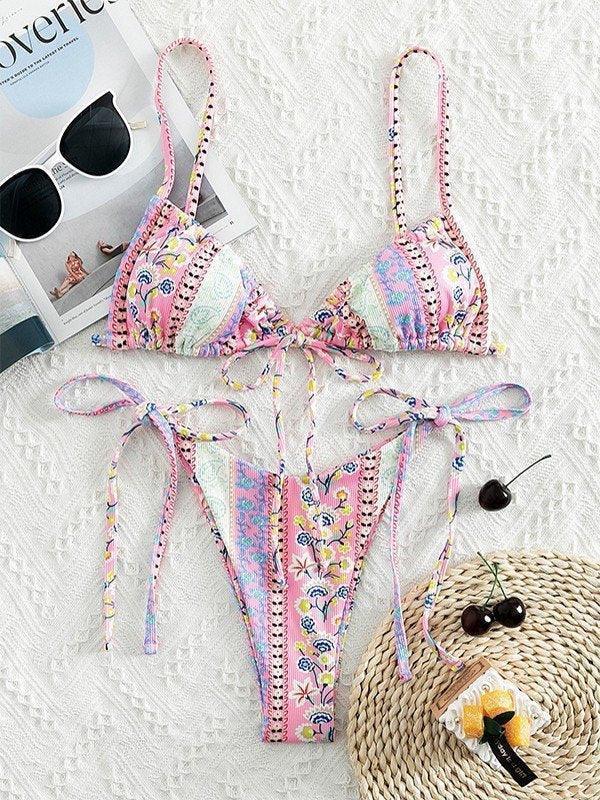 Ethnic Floral Lace Up Bikini Set - AnotherChill