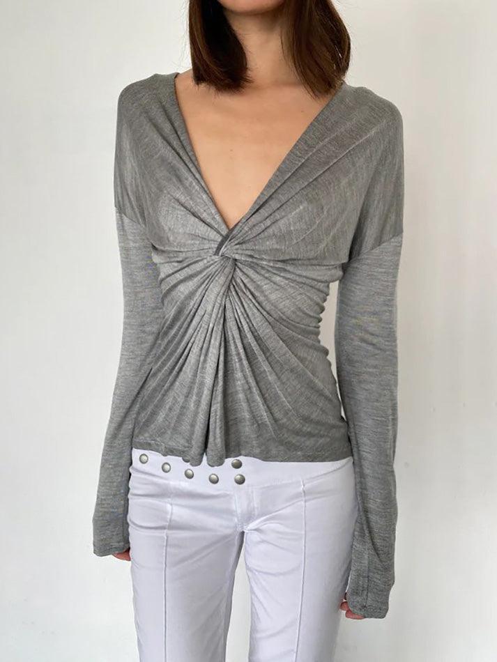 V-Neck Ruched Fitted Long Sleeve Top