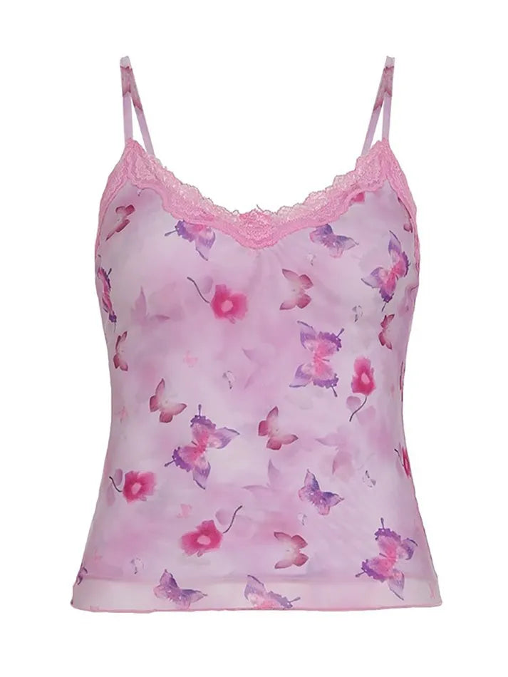 Butterfly Print Lace Trim V-Neck Mesh Tank Top