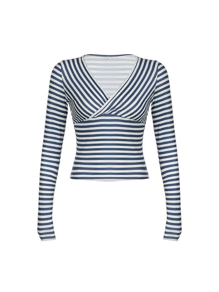 V Neck Stripe Print Long Sleeve Tee