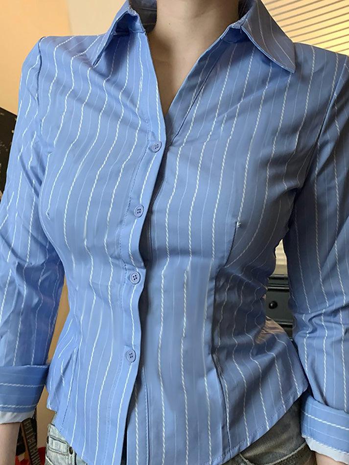 Blue Striped Collared Long Sleeve Shirt