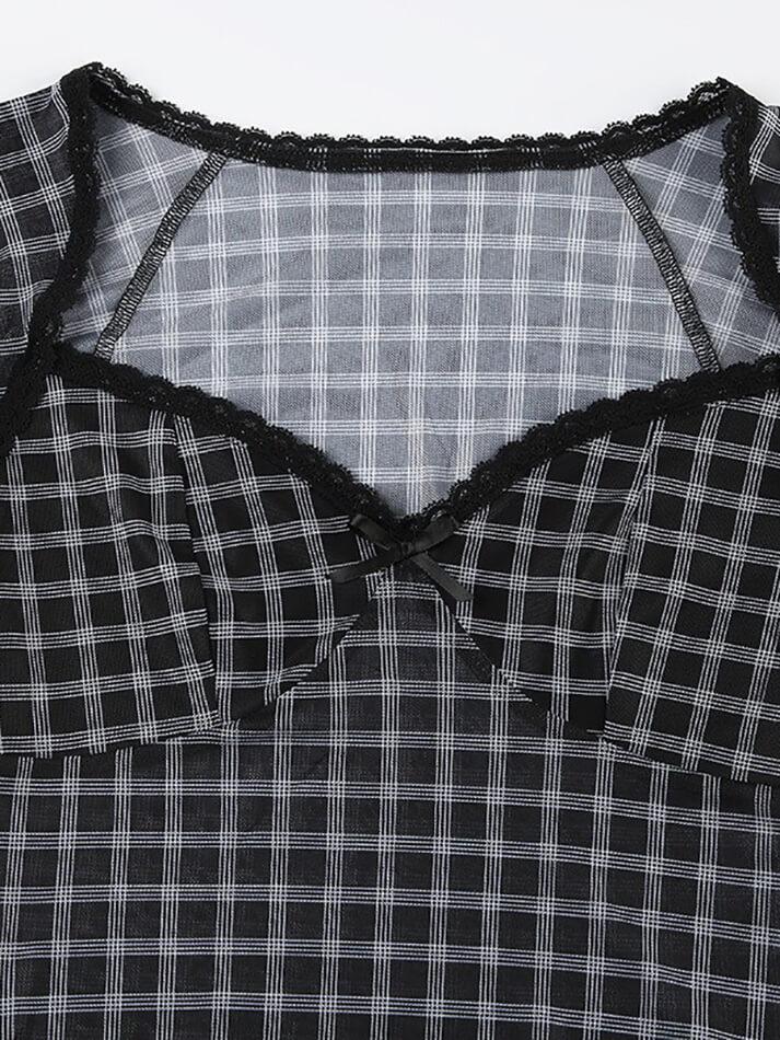 Vintage Plaid Mesh Ruffle Top - AnotherChill