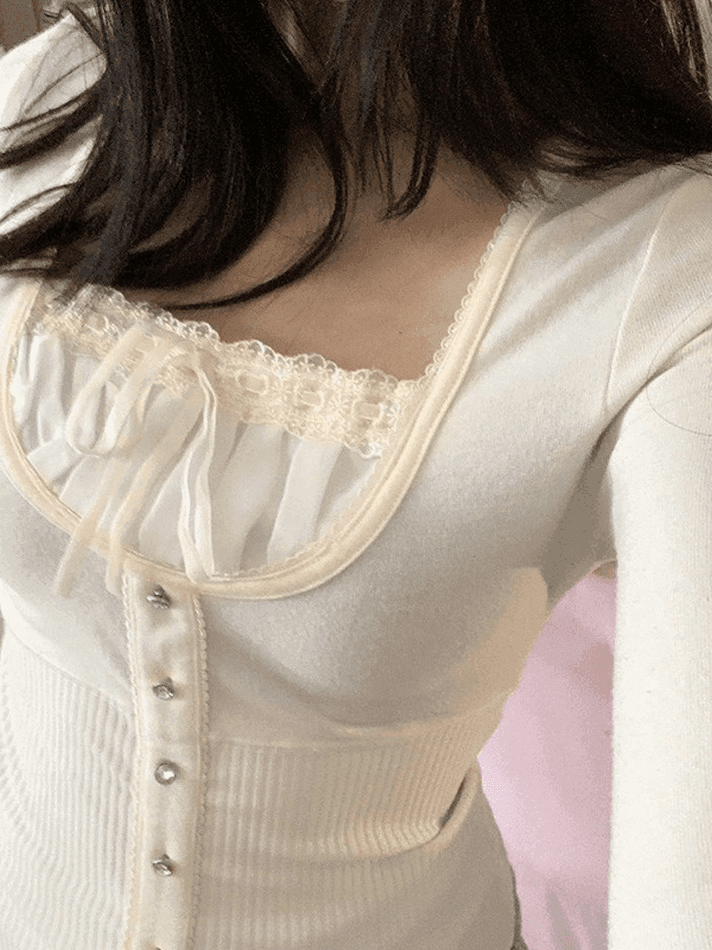 Fleece Bow-Neck Ribbed Lace Blouse - AnotherChill