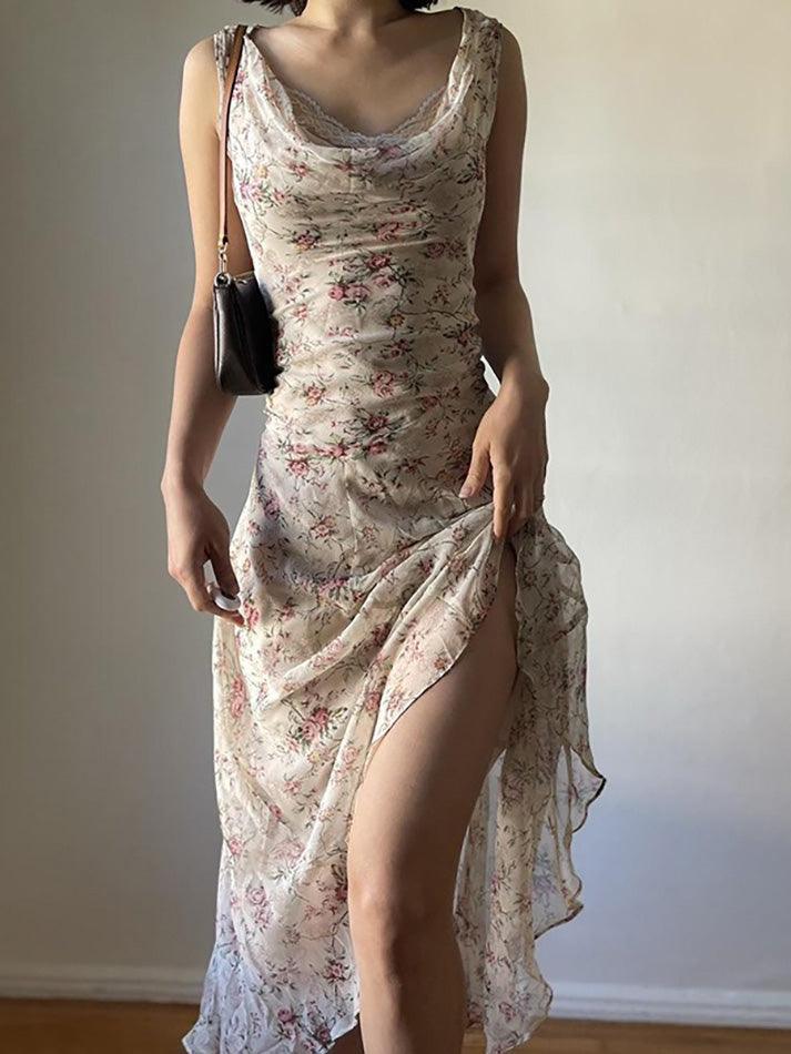 Floral Print Asymmetrical Lace Trim Maxi Dress - AnotherChill