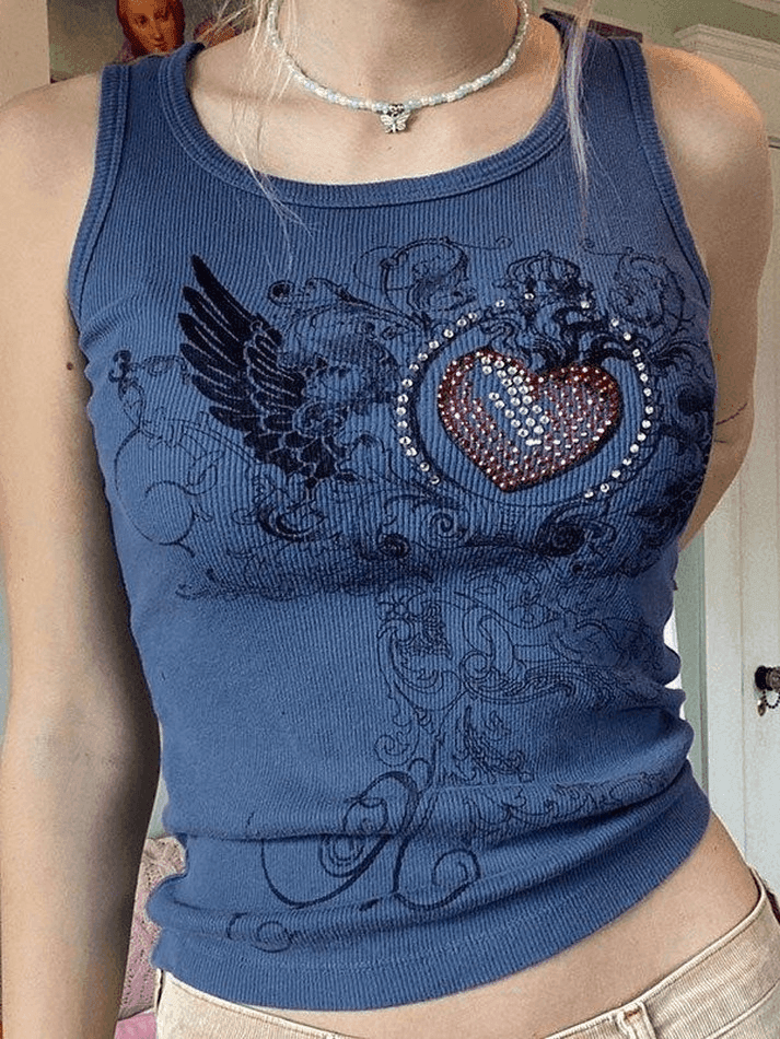 Heart Rhinestone Rib Crop Tank Top - AnotherChill