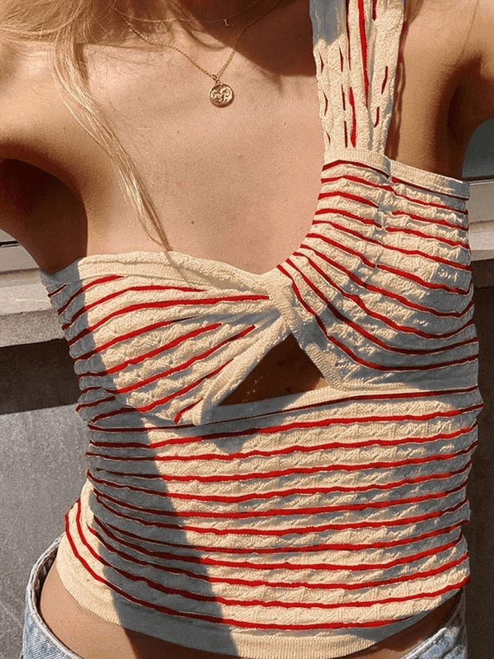 Knitted Stripe One Shoulder Tank Top - AnotherChill