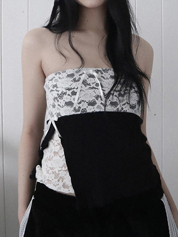 Lace Bow Slit Asymmetrical Tube Top - AnotherChill