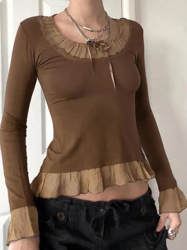 Lace Contrast Long Sleeve Top - AnotherChill