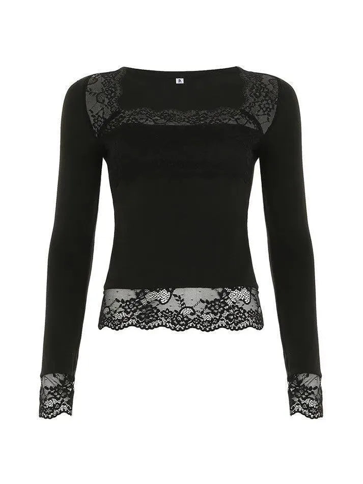 Lace Square Neck Long Sleeve Top - AnotherChill