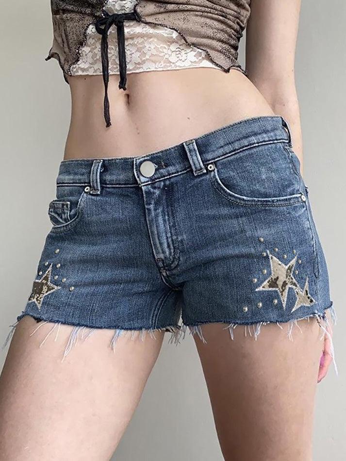 Lace Star Patch Raw Hem Low-Waist Denim Shorts - AnotherChill