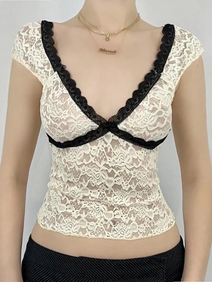 Lace Trim Contrast Hollow Out V-Neck Crop Top - AnotherChill